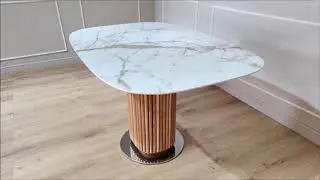 Table EMILIE - Table &agrave; manger avec base en BOIS et plateau FORMA A BOTTE en C&Eacute;RAMIQUE EFFET MARBRE