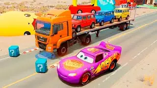 Flatbed Trailer McQueen |Transportation with Truck - Lava pit vs Cars vs Train - BeamNG.Drive #14