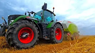 Fendt 718 Vario presses wheat straw with Claas 3200 FC Quadrant in Bavaria