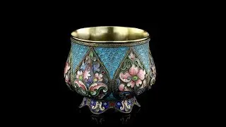 ANTIQUE 20thC RUSSIAN SOLID SILVER & CLOISONNE ENAMEL SALT c 1910