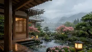 Zen Rain in Japanese Garden 🏮 Sleep/Study Ambience #ASMR #Zen #Rain