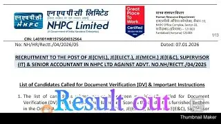 #NHPC JE (civil, electrical, Mechanical, E&C other) Result 2026 out. DV shortlisted candidates list.