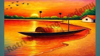 Easy sunset scenery drawing with boat with oil pastels for beginners/ easy boat scenery
