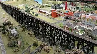 Northern Pacific passeger train over Valley City North Dakota&rsquo;s High Line Bridge HO model
