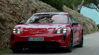 The new Porsche Taycan GTS Sport Turismo in Carmine Red Driving Video