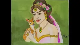Beautiful Indian Woman with Deer Painting | Handmade Watercolor Art