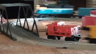 01/31/36 Great Northern engine freight train with Chessie caboose on our new O scale layout. 