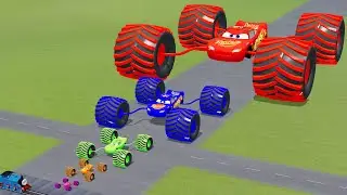Big & Small Colors McQueen Spider with Monster Wheels VS Train | BeamNG.drive