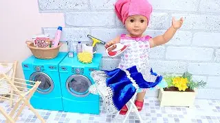 AG Doll Cleaning Routine with Laundry  - Play Dolls chores for kids