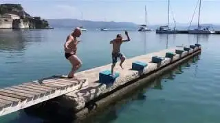 Oscar, the mad Russian and the icy cold waters of Naok Beach in the heart of the Old Corfu Town.