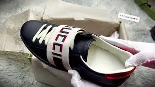2024 Christmas Gift Real VS Fake Gucci ACE Stripe Leather Sneakers unboxing checking