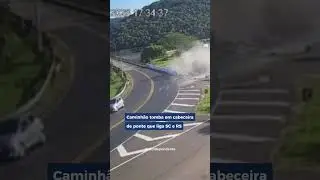 Caminh&atilde;o tomba em cabeceira de ponte que liga RS e SC