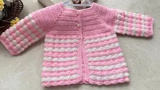 Crochet Popcorn Pattern Baby Cardigan / Tığ işi Popcorn Hırka /3-6  ay