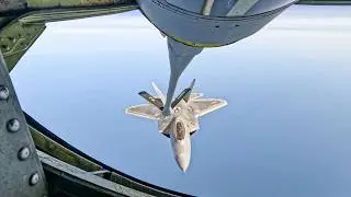 F-22 Raptor refuel with a KC-135 Stratotanker over the Atlantic Ocean during training (April 2025)