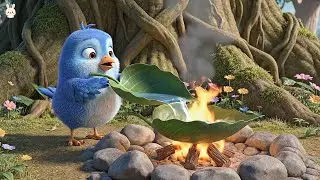 The Tiny Blue Bird and the Giant Mushroom in the Misty Forest