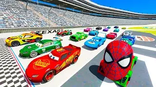 SPIDERMAN MCQUEEN MONSTER TRUCK! KING vs MONSTER MATER & Friends All Cars Challenge - GTA 5