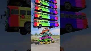 Mixed Colorful Buses Tower Fall Crash - BeamNG.drive #youtubeshorts