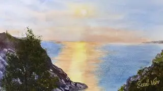Aquarelle : Coucher de soleil sur la baie ( Corse)