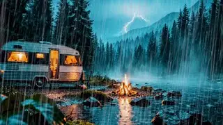 Night Rain by a Cozy Camper 🌧️ Soft Thunder & City Lights for Deep Sleep