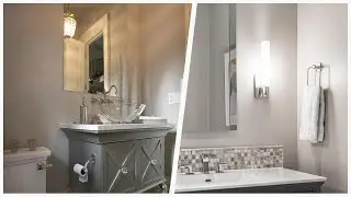 75 Medium Tone Wood Floor Powder Room With Gray Cabinets Design Ideas You'll Love 🔴