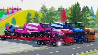 Mixer Trucks of Colors! SCANIA, JCB, MCQUEEN WITH DOUBLE FLATBED TRAILER TRUCK TO GARAGE, FS22 #A153
