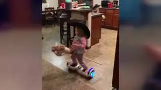 Giddy up cowgirls! 2 and 4 year old sisters blaze a hoverboard trail in living room floor