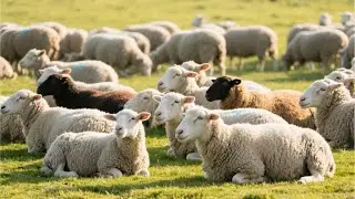 The beautiful sheep are resting in the spring meadow - Sheep and goat sounds - Sheep and goat videos