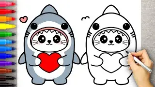 How to Draw a Cute Cat in a Shark Costume | Easy Kawaii Tutorial