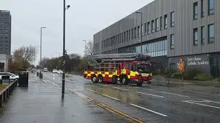 Meet Merseyside Angloco Bronto aerial platform fire truck in a raining day