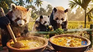 Sweet Red Pandas Preparing Classic Samosas and Mint Chutney in a Keralan Hamlet