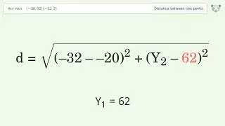 Find the distance between two points p1 (-20,62) and p2 (-32,3): Step-by-Step Video Solution