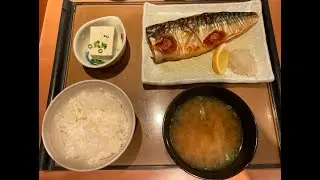 Breakfast at Yayoiken in JAPAN. Salt-grilled mackerel set meal