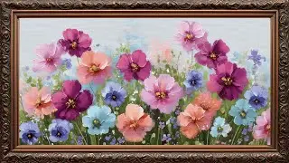 Frame Tv Art | Vibrant Modern Spring wildflowers Painting Frame TV art 4k | Golden Framed Art