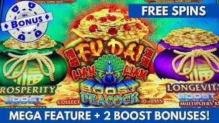 Two BOOST Bonuses + Mega Feature on Fu Dai Lian Lian Boost Peacock Slot Machine!!  Worth the chase?