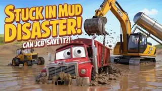 JCB Cartoon Hero to the Rescue! 😱 Truck STUCK in DEEP Mud &ndash; Epic JCB Truck Pull Almost FAILS!!