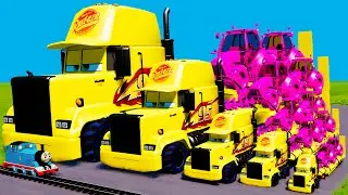Big & Small Long Mack Truck with Tractor Lightning Mcqueen vs Train Thomas - BeamNG.Drive