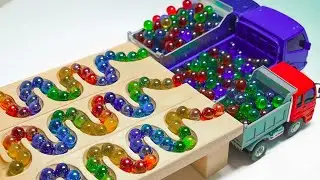 Marble Run Race ☆ HABA Slope &Retro Makita Truck, Excavator, Garbage Truck, Dump Truck,Ambulance #17