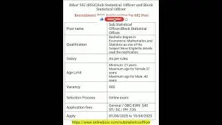 Bihar SSC (BSSC) Sub Statistical and Block Statistical Officer Recruitment 2025 Apply  For 682 Post