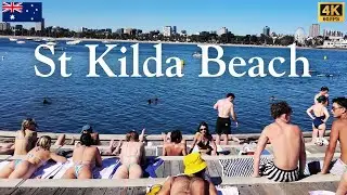 Melbourne Beach Walking Tour 🇦🇺 | Crowded Summer Day at St Kilda &bull; 4K