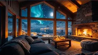 Cozy Winter Fireplace | Aurora Borealis Mountain Cabin Winter Night Ambience❄️