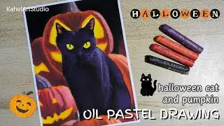 Halloween Cat and Pumpkin Drawing with Oil Pastel | How to draw using oil pastels