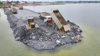 Good Working!! Wheel Loader+Dozer Pushing Stone Filling The Lake Team Work Truck Loading Stone