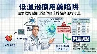 急診ACLS處置與藥物概論，心臟驟停先搶救腦細胞，可電擊及不可電擊狀況，穩定ROSC 後的神經保護與穩定流程，目標溫度管理 TTM 的生理代謝與用藥代謝遲滯或停者的陷阱，回溫後的醫療管理策略。