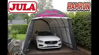 Monterar Julas garagetält.