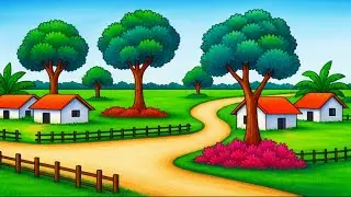 How to Draw a Beautiful Village Scenery with Landscape Trees&Nature Tutorial | Step by-Step Tutorial