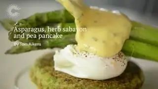 Organic pea pancake, asparagus and poached eggs with a herb sabayon by Tom Aikens