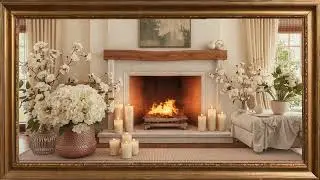 Gold framed Vintage and cozy  fireplace wall art 2  . 4k TV screensaver  Relax, Sleep, Study