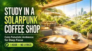 Study in a Solarpunk Coffee Shop | Calm Futuristic Ambience for Deep Focus (1 Hour)