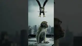 baby monkey helped by eagle on top of building #aimonkeys #monkey #animalintelligence