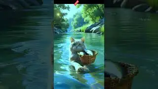 Serene Cat Swimming with Fish Basket in Nature &ndash; Ultra-Realistic Animal Scene